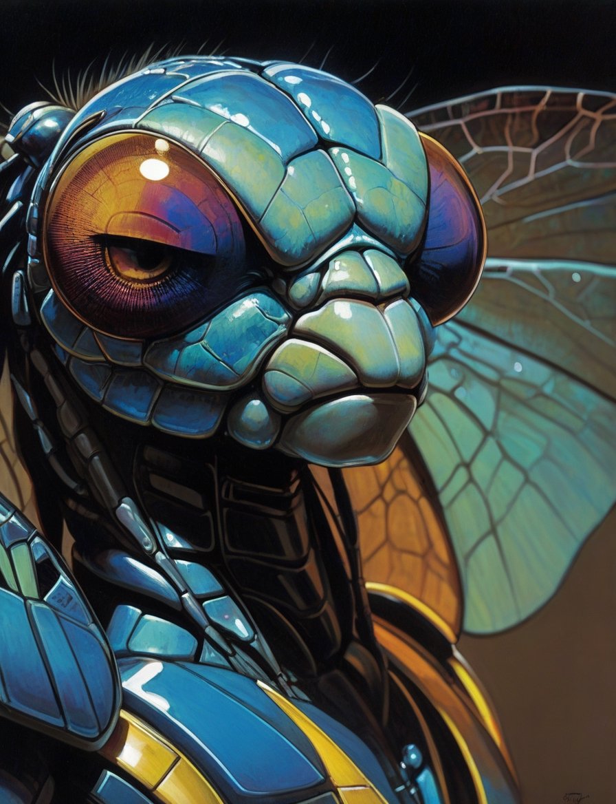 close up, head and shoulders portrait, anthropomorphic male creature (multifaceted dragonfly eyes:2) , glowing blue irises, (art by Syd Mead:1.8), triadic color scheme, muted colors, detailed, art by h.r. giger