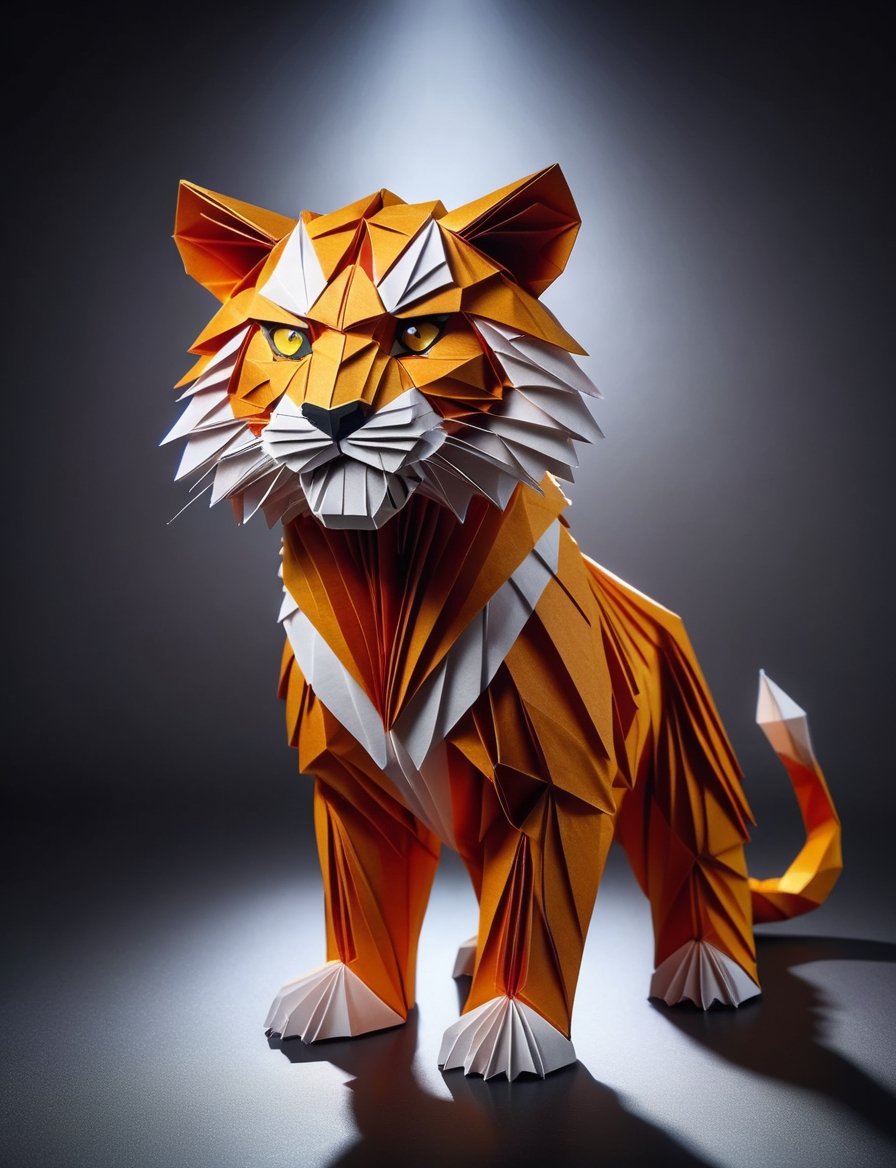 (head and shoulders portrait:2), (angry glaring villian paper tiger cub:2), menacing expression, wearing super hero outfit, made out of folded paper, origami,  light and delicate tones, clear contours, cinematic quality, dark background, highly detailed, chiaroscuro, ral-orgmi