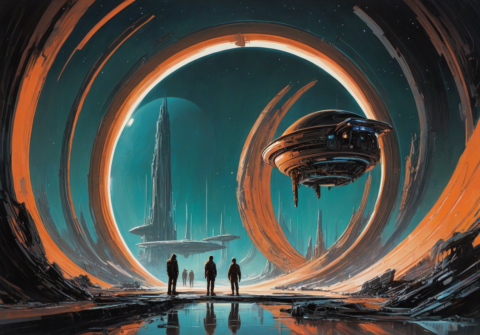 alien planet, night, nebula, (art by Syd Mead:1.8) (art by John Berkey:2), arena, circular portal, solar punk, tangerine and teal, cold color palette, muted colors, detailed, 8k, art by h.r. giger