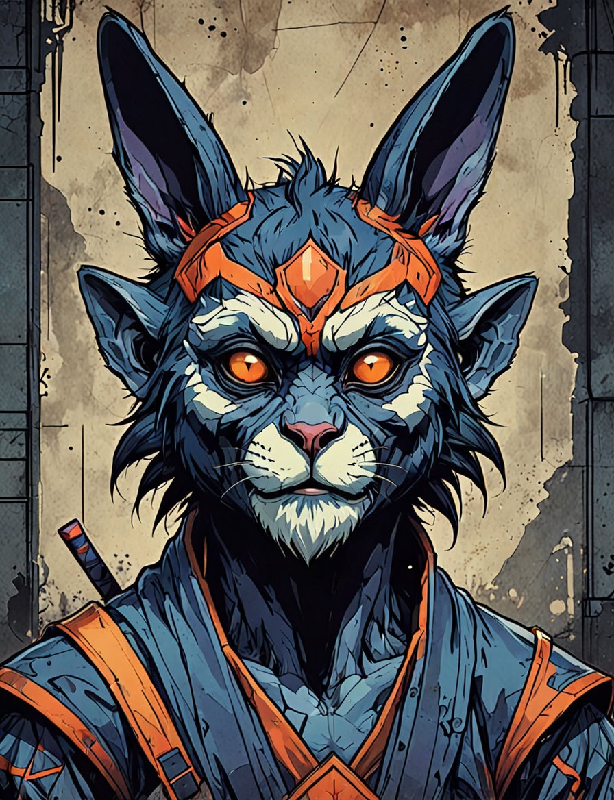 (close up, head and shoulders portrait:1.5), violet, orange, blue gradient ,(anthropomorphic bengal langur rabbit :1.5), (angular shapes:1.7), samurai, wearing samurai armor, (strong outline sketch style:1.5), symmetrical features, gritty fantasy, (darkest dungeon art style :1.4), dark muted background, detailed, Dark Manga of,Dark Anime of,comic book