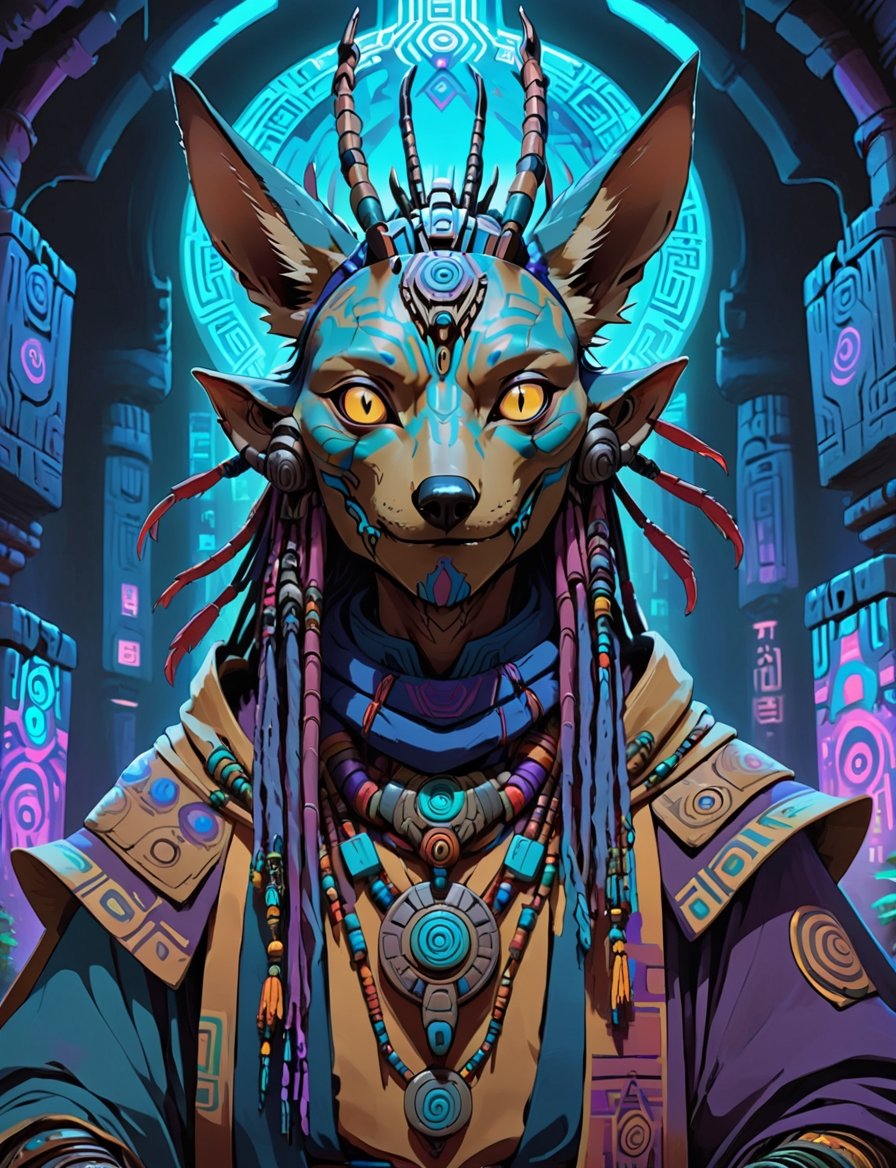 1male:3, anthropomorphic jackal, Churnstyle,cyberpunk,tarot card,4K UHD,studio ghibli style,neo-aztec,high-tech lowlife, ,nocturne,breakdomain,portraitart,portrait art style