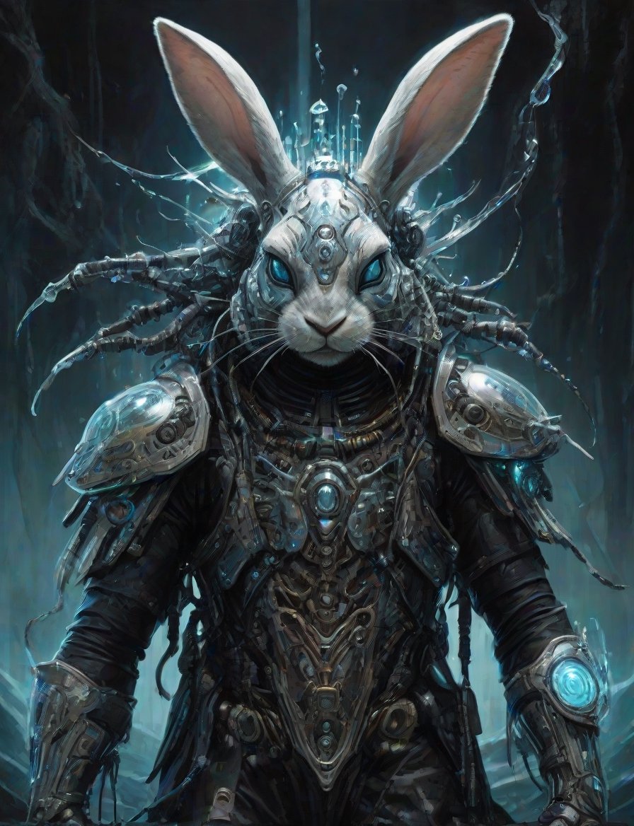 (head and shoulders portrait:1.4), (iridescent, translucent, and bioluminescent:1.2),(biomechanical symmetrical rabbit trooper , squid , cyborg ), shattered reality, plasma, crystal and silver entanglement, tricorn pirate outfit , (2d:1.4), ink (medium), 2D illustration,  detailed  painting, epic comic book art, intricate and intense oil paint, dark sci-fi background, (art by James Gurney and John Berkey :1.4), symmetrical features, triadic color scheme, muted colors, detailed