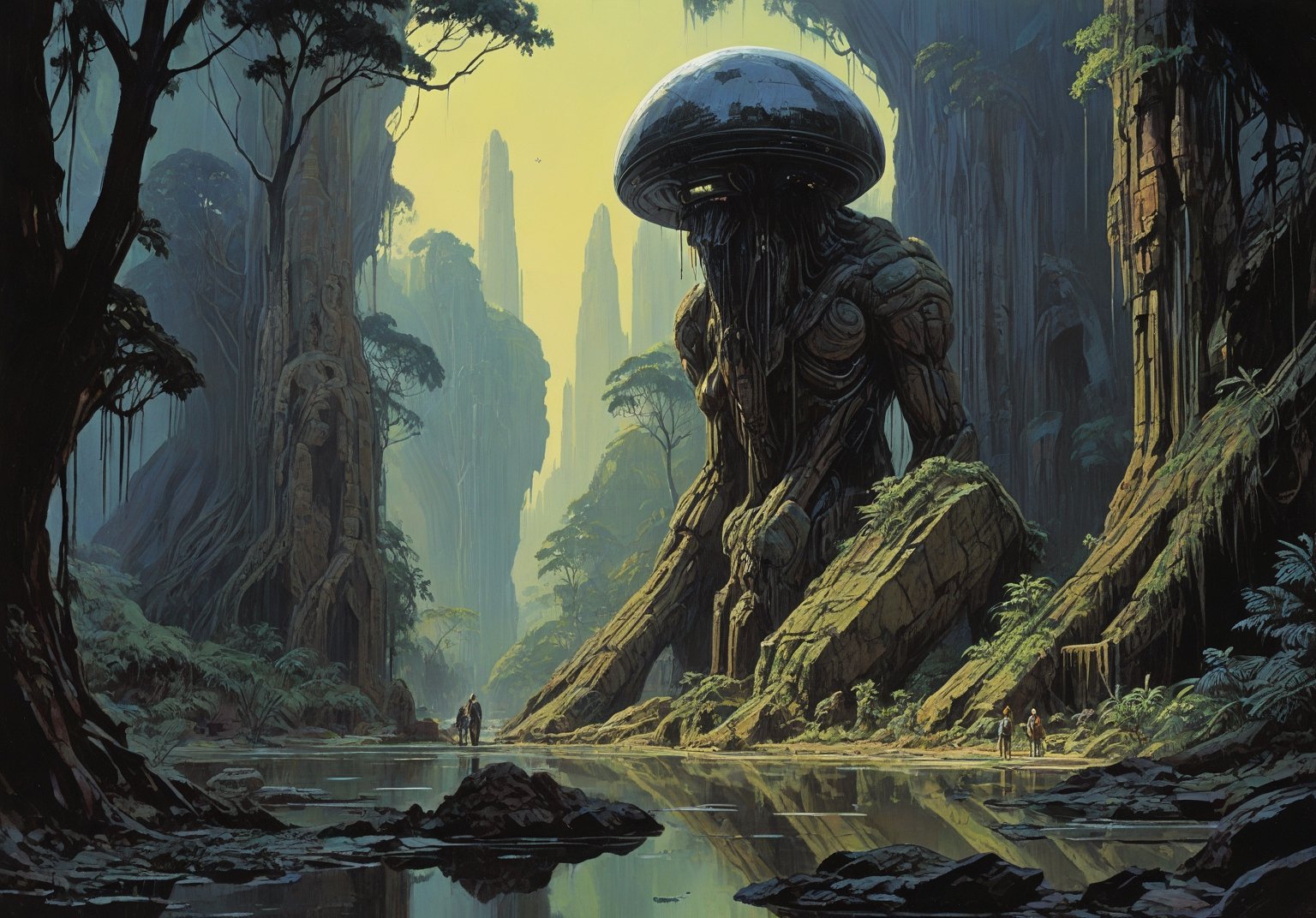 alien planet, alien night sky, (art by Syd Mead:1.8) (art by John Berkey:2),  giant tree, overgrown ruins, Angkor Wat temple,  jungle, cracked stone, cobblestone, molten lava river, solar punk, triadic colors, muted colors, detailed, 8k, art by h.r. giger