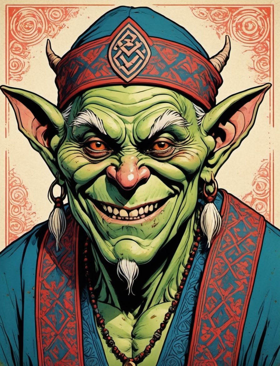 the comic portrait of an evil goblin shaman wearing a traditional outfit with magic runes, (risograph:1.3), inspired by Jesús Mari Lazkano, miraculous, flat linework, stamp, retro future poster colors ,dark distressed background, ancient era, japanese vhs cover art, by Moebius, phonk album cover,  megalithic, cover, inspired by Retro-Futurism aesthetic,real_booster,comic book