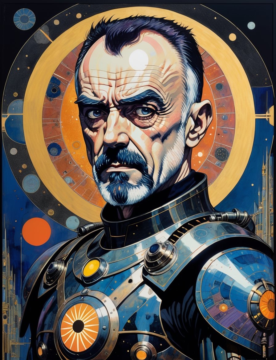 Painting of Sean Connery as an evil sci-fi warrior, wearing power armor, solar punk setting, in the style of harry clarke and gustav klimt, analogous colors and black, bold colors and brushwork, bold lithographic, intense gaze, head and shoulders portrait