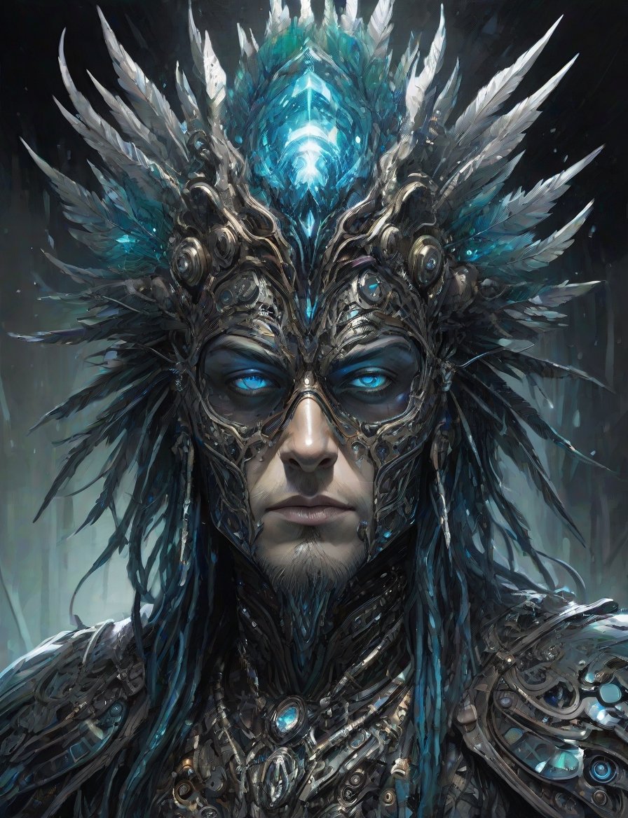 (head and shoulders portrait:1.4), (iridescent, translucent, and bioluminescent:1.2),(biomechanical symmetrical peacock pirate , manticore , cyborg ), shattered reality, plasma, crystal and silver entanglement, pirate outfit , (2d:1.4), ink (medium), 2D illustration,  detailed  painting, epic comic book art, intricate and intense oil paint, dark sci-fi background, (art by James Gurney and John Berkey :1.4), symmetrical features, triadic color scheme, muted colors, detailed