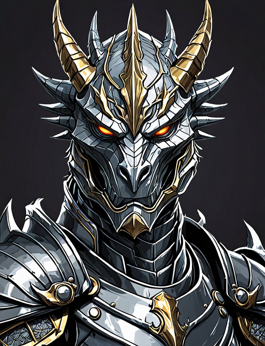 (close up, head and shoulders portrait:1.5), anthropomorphic dragon knight, wearing gleaming armor, wearing crown, centered, (strong outline sketch style:1.3), dark background, muted colors, detailed, comic book