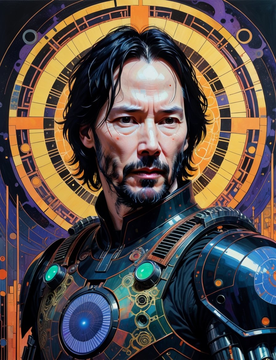 Painting of Keanu Reeves as an evil sci-fi warrior, wearing power armor, solar punk setting, in the style of harry clarke and gustav klimt, analogous colors and black, bold colors and brushwork, bold lithographic, intense gaze, head and shoulders portrait