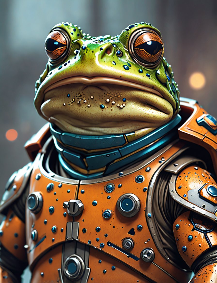 (close up, head and shoulders portrait:1.3), (anthromorphic toad:1.6), wearing sci-fi polycarbonate armor , "The overall effect is a blend of impressionism and abstraction, creating a rich, immersive setting. The scene should feature a realist selective focus on main subject. In contrast, the background should transition into an abstract, painterly environment. The atmosphere should be hazy and diffuse, contributing to an ethereal and somewhat dystopian feel. Background impressionistic style to emphasize mood and atmosphere over detailed realism. The colors in the background include shades of rich, vibrant hues with dramatic contrasts, featuring deep, earthy tones and vivid highlights, blending seamlessly with cooler hues like blues and greys. Use muted accents like rusty orange-yellows, and rusty teals to highlight tiny areas and add visual interest. Use this blend of subdued and bold colors to emphasize the gritty nature of the scene."