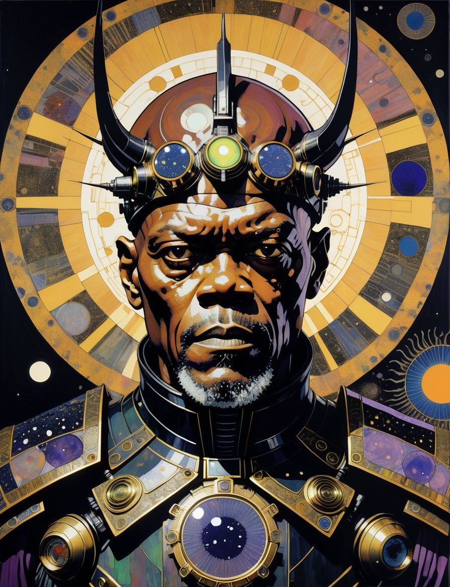 Painting of Samuel L. Jackson as an evil sci-fi warrior, wearing power armor, solar punk setting, in the style of harry clarke and gustav klimt, analogous colors and black, bold colors and brushwork, bold lithographic, intense gaze, head and shoulders portrait