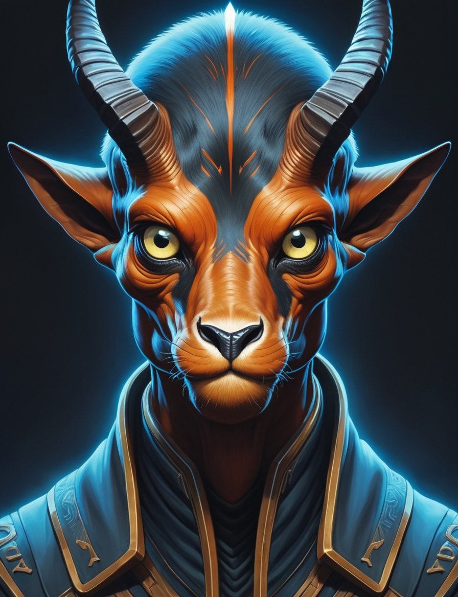 head and shoulders portrait, kung fu gerenuk  , illuminated eyes,  symmetrical features, bioluminescent, High definition, 8k, oil painting, detailed masterpiece. Translucent image, professional sinister concept art, by artgerm and Greg Rutkowski, an intricate, elegant and highly detailed digital painting, concept art, soft and sharp focus, illustration, in the style of Simon Stalenhag, Wayne Barlowe and Igor Kieryluk.,arcane