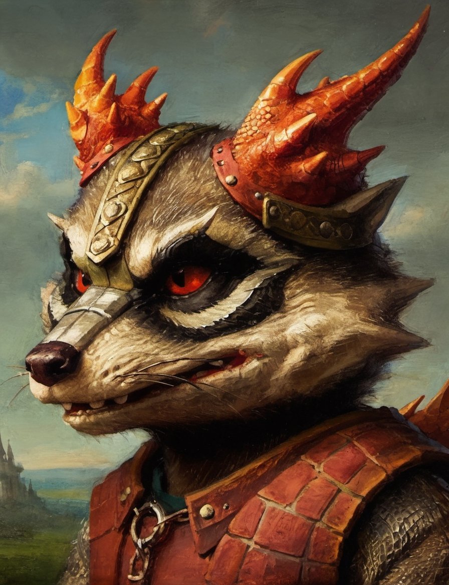 (close up, anthropomorphic medieval evil (raccoon:1) (dragon:1.4) head and shoulders oil portrait:4), by Moritz von Schwind , knight in a richly decorated medieval armor, bright colors,  medieval countryside background scene, countryside, castle , symmetrical features ,oil painting