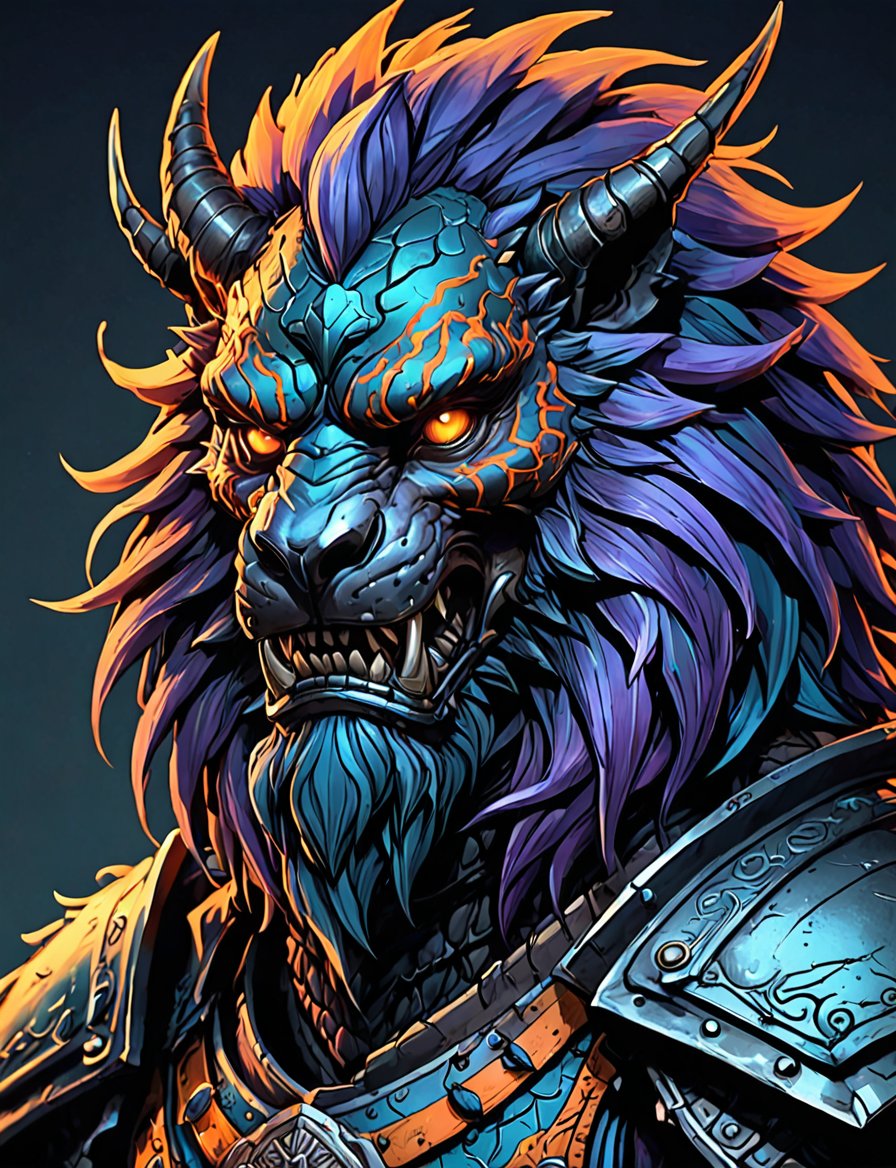 (close up, head and shoulders portrait:1.5), orange, teal, blue, violet gradient , (anthromorphic manticore :1.5), samurai wearing samurai armor, (strong outline sketch style:1.5), symmetrical features, gritty fantasy, (darkest dungeon art style :1.4), dark muted background, detailed