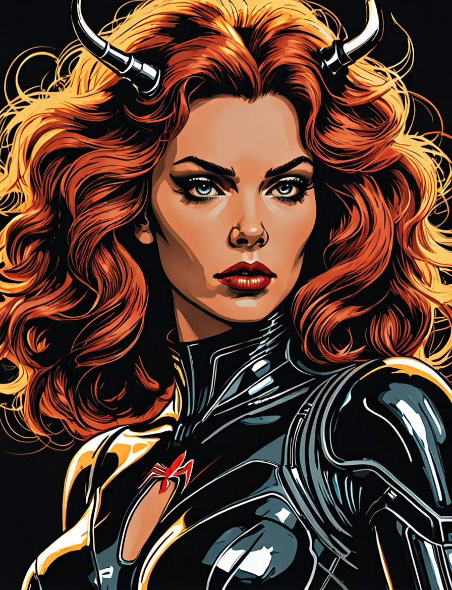 (close up, head and shoulders portrait:1.5), An extremely detailed 1970s retro-future anthropomorphic (black widow :1.2) (manticore :1.4) robot, centered, (strong outline sketch style:1.5), (flat silkscreen art style:1.9), (solid dark background:1.2), (retro color scheme), masterpiece, epic, by pascal blanche rutkowski repin artstation painting concept art of detailed character design matte painting, 4 k resolution blade runner, dark muted background, detailed, comic book,dcas_lora