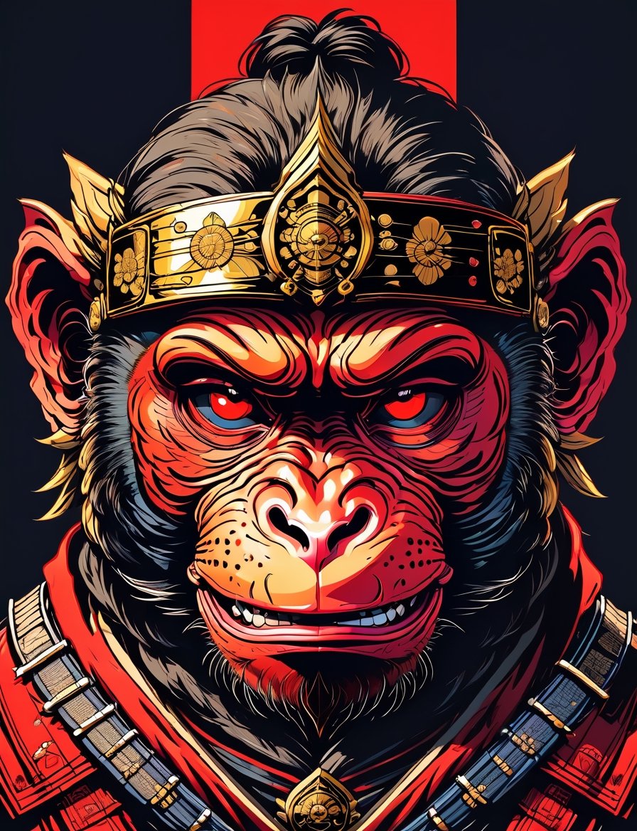 head and shoulders portrait, (samurai monkey :1.5) warrior, wearing armor, colorful, symmetrical precise detail, symmetrical features, (flat silkscreen:1.5) , wearing mask, pastel-color, creative, dark flat color background ,oni style