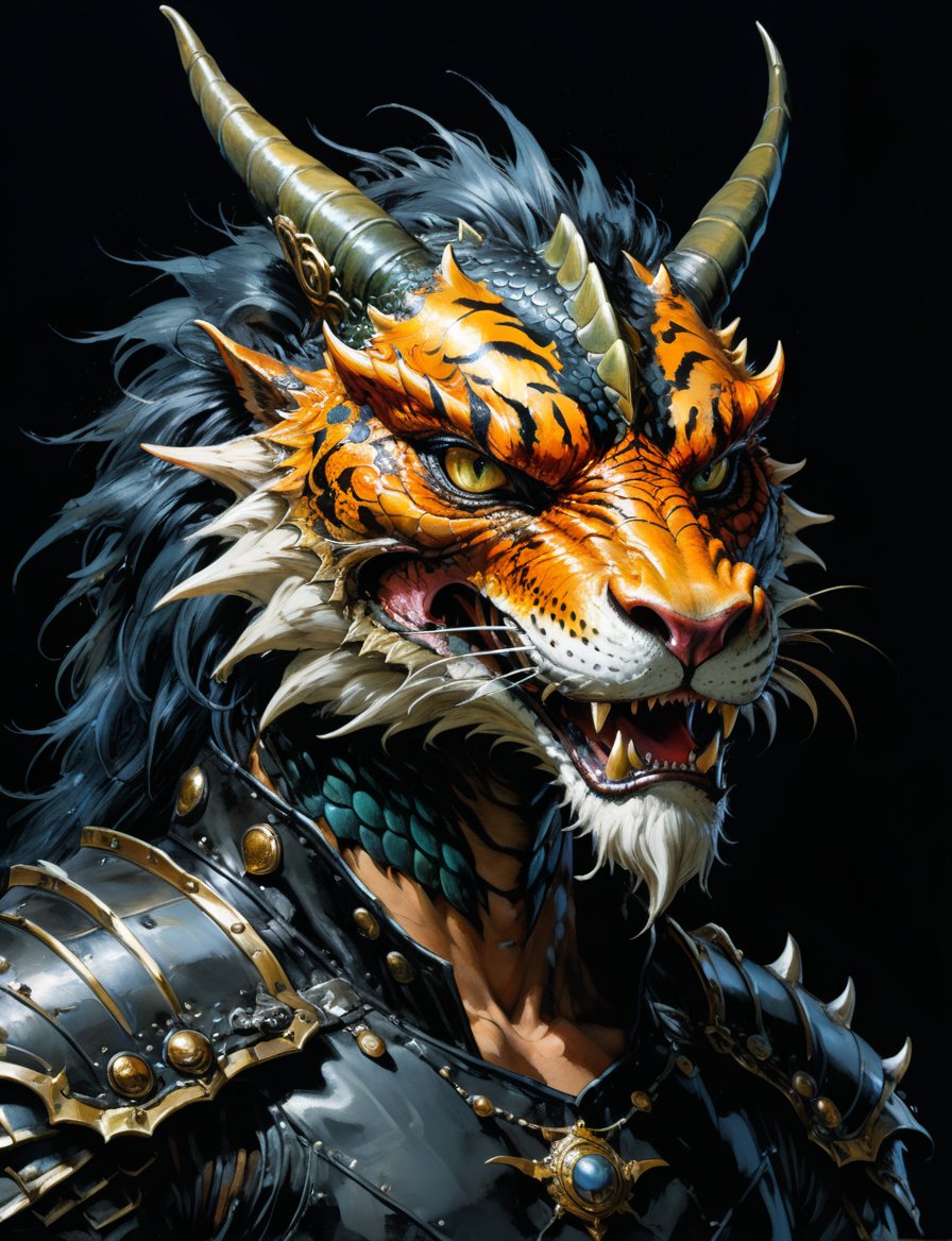 art by simon bisley, art by ralph steadman, art by vallejo, a masterpiece, stunning detail, (head and shoulders portrait:1.3), (anthropomorphic (dragon1.4)  (tiger:1.1) :1.3), supreme wearing black leather armor, creature skin , dark background 