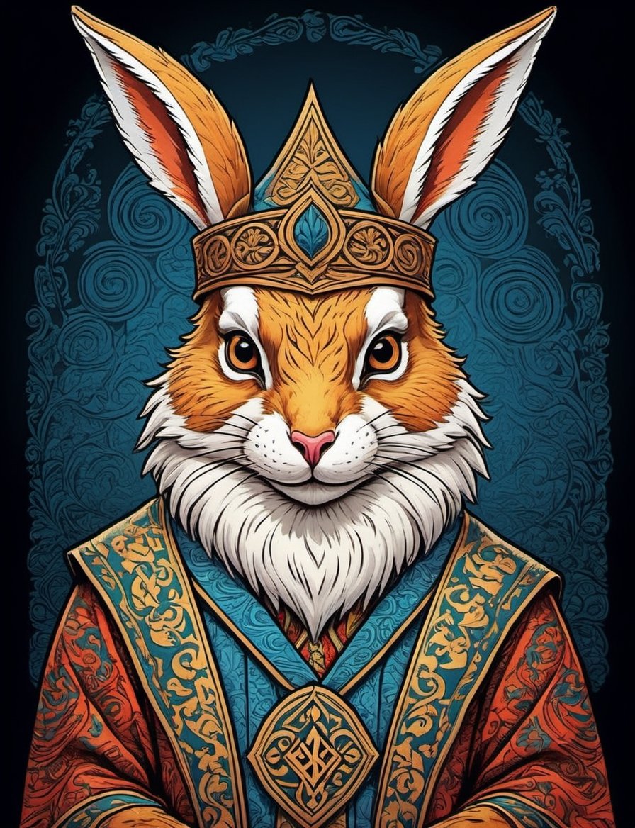 head and shoulders comic portrait of (anthropomorphic wolpertinger:1.5) wizard wearing intricate robes with magic runes, (risograph:1.3), inspired by Jesús Mari Lazkano, miraculous, flat linework, stamp, retro future poster colors , (dark background:2), ancient era, by Moebius, phonk album cover,  megalithic, inspired by Retro-Futurism aesthetic,real_booster,comic book