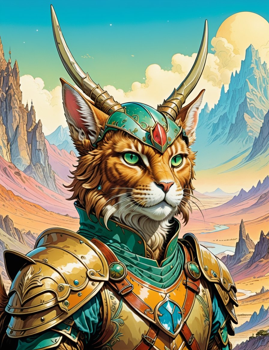 head and shoulders Portrait, fantasy anthropomorphic (high fantasy warrior :3) (cat wolpertinger:2), knight, wearing magical outfit ,  background alien landscape setting ,
highly detailed, art by Jean Giraud ((Moebius style)), line ink illustration,highly detailed,  ink sketch,ink Draw,Comic Book-Style 2d,2d, pastel colors