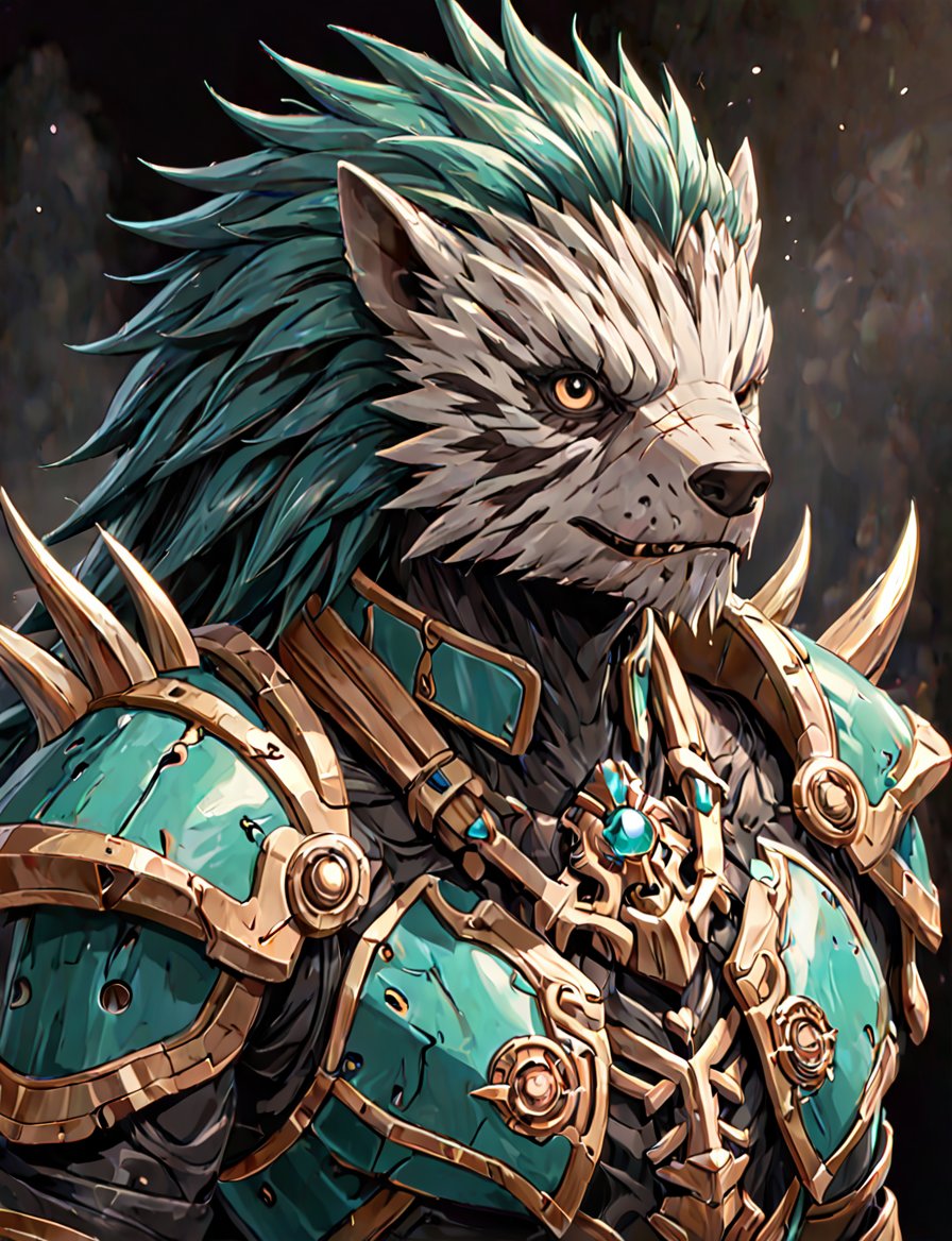 (head and shoulders portrait:1.2), a Warforged porcupine, sentient construct of gleaming emerald and black metal and gears, is dressed in intricately detailed armor. dark background , Inspired by the art of Destiny 2 and the style of Guardians of the Galaxy,art_booster