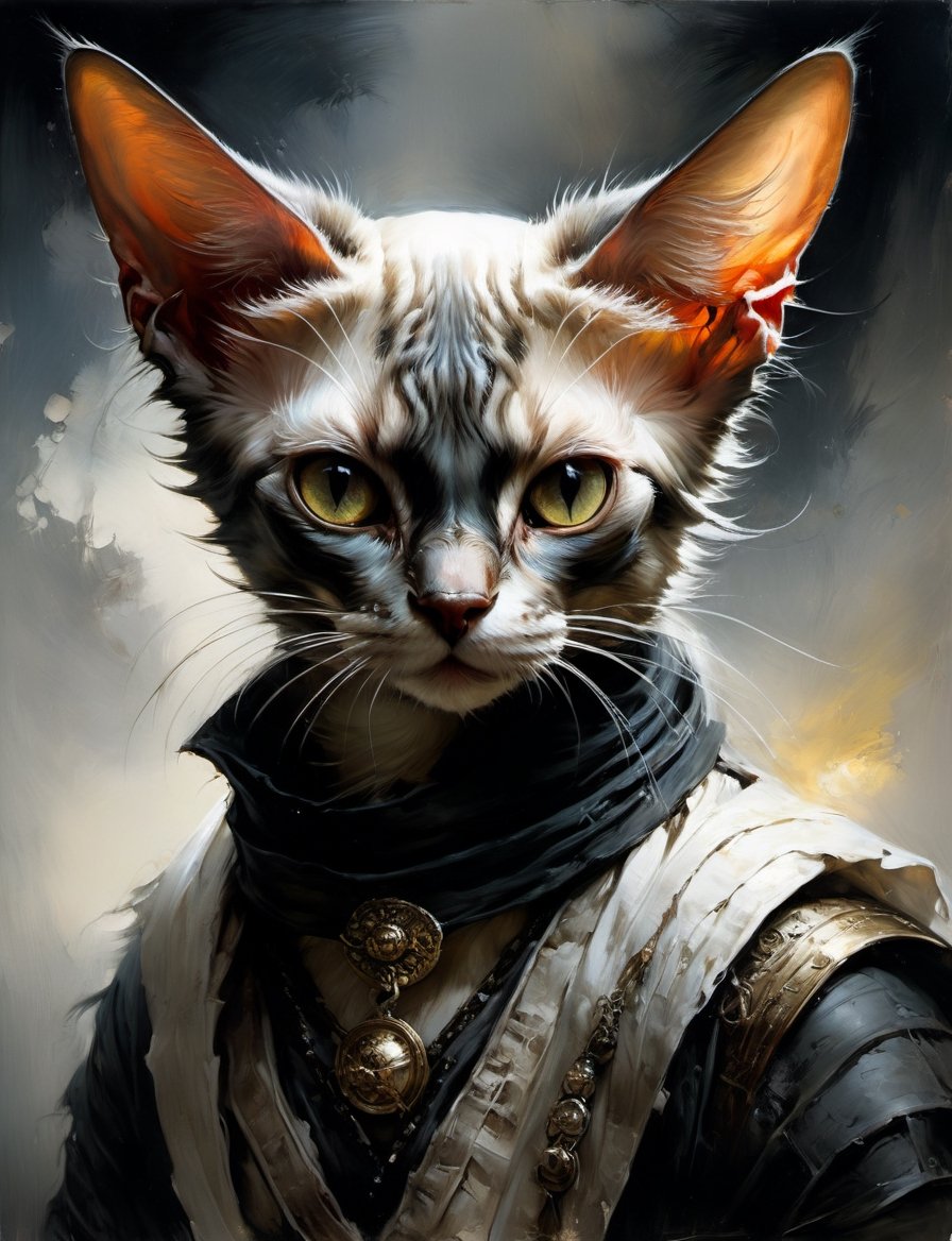 head and shoulders portrait, anthropomorphic Hybrid bird (sphinx cat) pirate animal oni, wearing pirate crew clothing, bandanna, eye_patch, multi colored feathers, oil painting, thin and smooth lines, long strokes, light and delicate tones, clear contours, cinematic quality, dark background, dramatic lighting, by Jeremy Mann, Peter Elson, Alex Maleev, Ryohei Hase, Raphael Sanzio, Pino Daheny, Charlie Bowater, Albert Joseph Penot, Ray Caesar, highly detailed, hr giger, gustave dore, Stephen Gammell, masterpiece of layered portrait art, techniques used: sfumato, chiaroscuro, atmospheric perspective