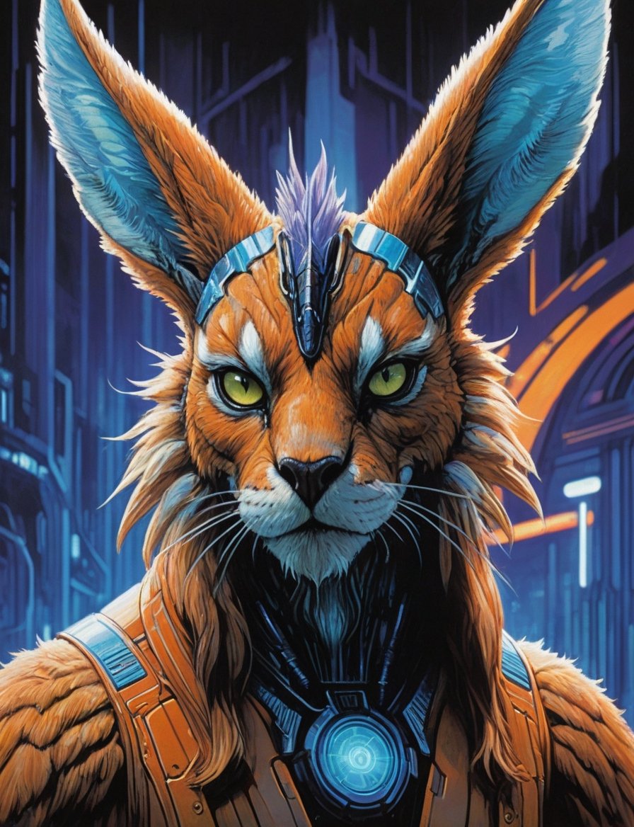 close up, head and shoulders portrait, male fuzzy wolpertinger creature , glowing blue irises, engraved energy lines , (art by Syd Mead:1.8), ship interrior, solar punk, tangerine and teal color scheme, cold color palette, muted colors, detailed, 8k, art by h.r. giger