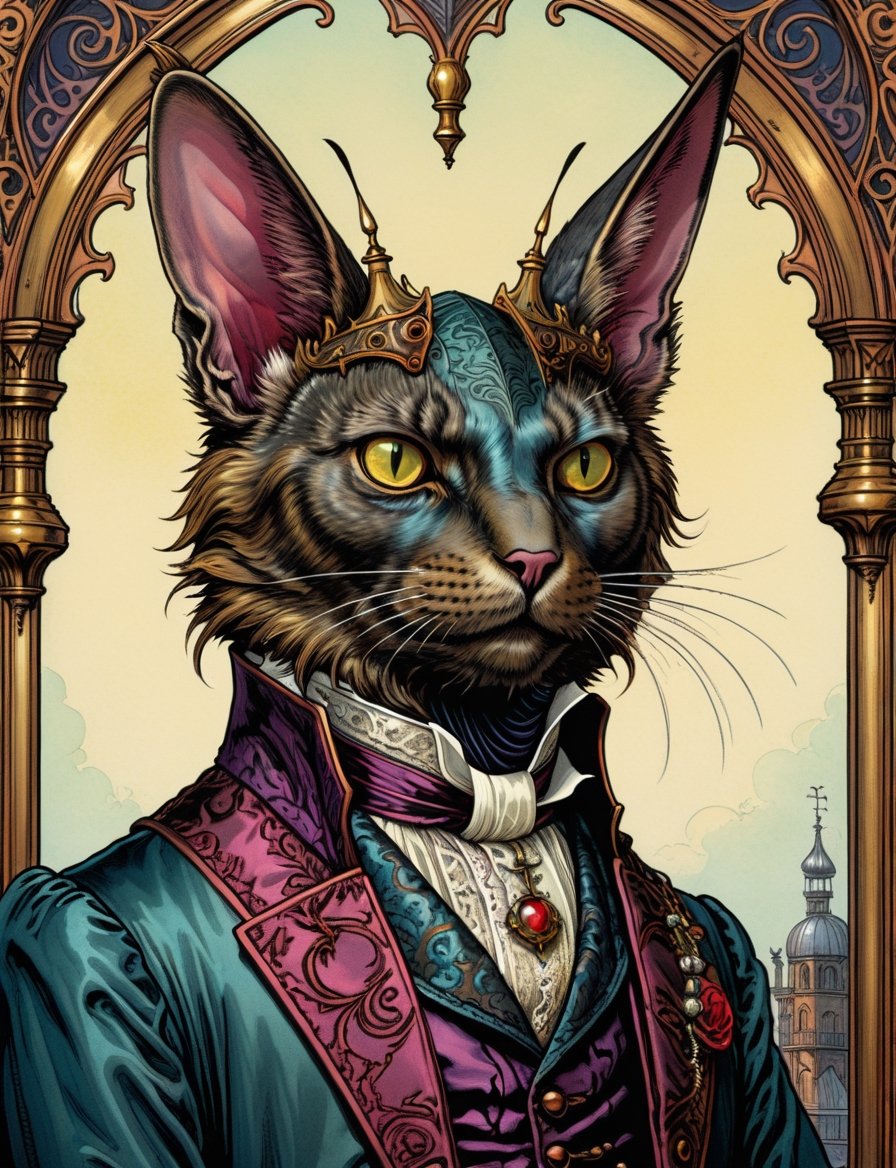 head and shoulders Portrait, dark fantasy anthropomorphic (Victorian gothic:3) (various cat breeds wolpertinger:2), wearing vampire outfit ,  background gothic setting ,
highly detailed, art by Jean Giraud ((Moebius style)), line ink illustration,highly detailed,  ink sketch,ink Draw,Comic Book-Style 2d,2d, pastel colors