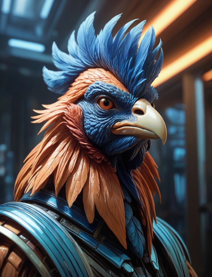 close up, head and shoulders portrait, male fuzzy rooster creature , glowing blue irises, engraved energy lines , (art by Syd Mead:1.8), ship interrior, solar punk, tangerine and teal color scheme, cold color palette, muted colors, detailed, 8k, art by h.r. giger