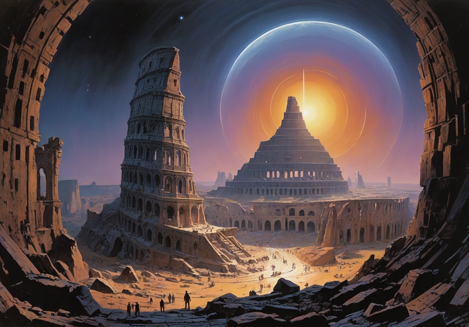 alien planet, dark night sky, (glowing energy lines:1.5), (art by Syd Mead:1.8) (art by John Berkey:2), pyramid, (above a circular colosseum:2), triangular geometric features, cracked stone, cobblestone, molten lava river, solar punk, triadic colors, muted colors, detailed, 8k, art by h.r. giger