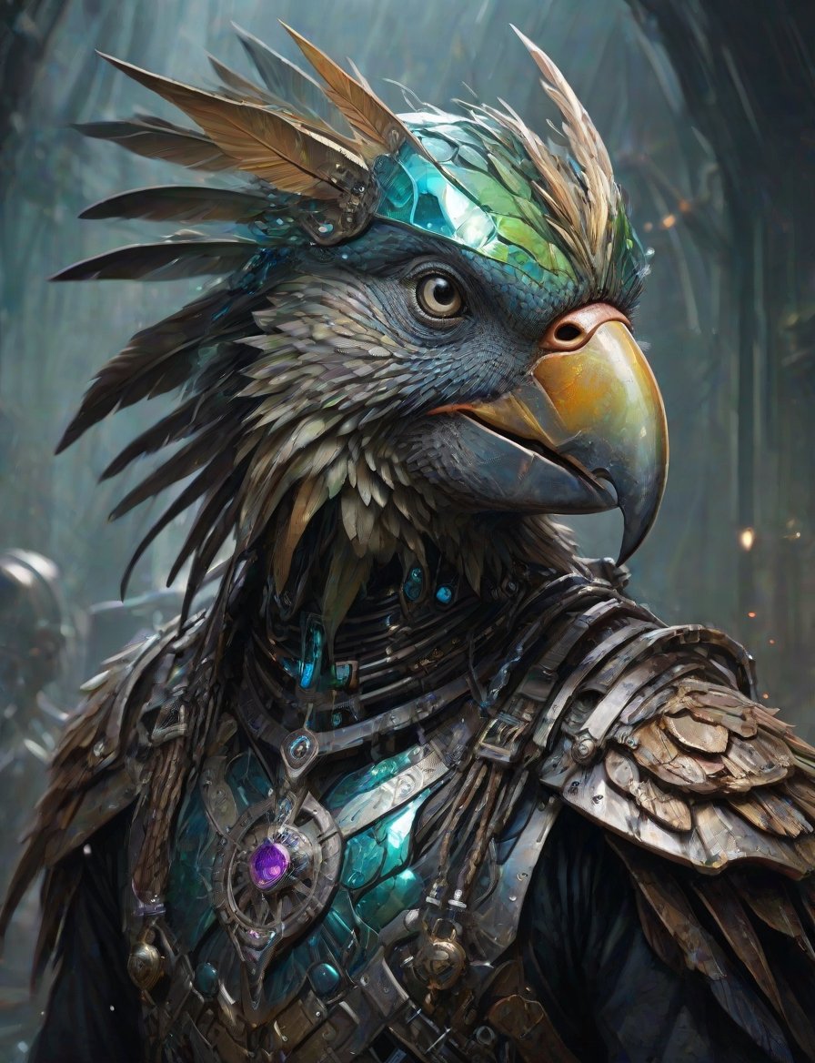 (head and shoulders portrait:1.4), (iridescent, translucent, and bioluminescent:1.2),(biomechanical symmetrical parrot pirate , manticore , cyborg ), shattered reality, plasma, crystal and silver entanglement, pirate outfit , (2d:1.4), ink (medium), 2D illustration,  detailed  painting, epic comic book art, intricate and intense oil paint, dark sci-fi background, (art by James Gurney and John Berkey :1.4), symmetrical features, triadic color scheme, muted colors, detailed