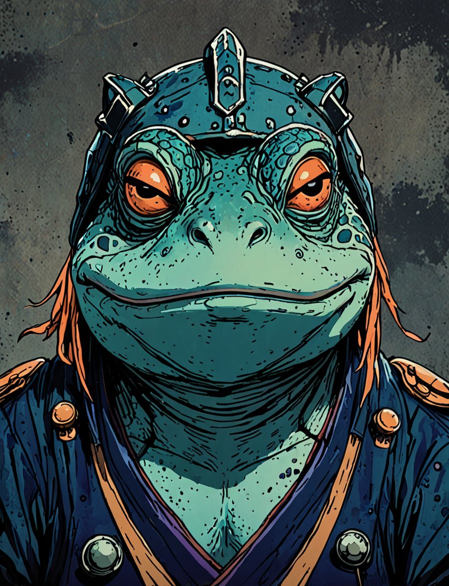 (close up, head and shoulders portrait:1.5), orange, teal, blue, violet gradient , (anthromorphic toad :1.5), samurai, wearing samurai armor, (strong outline sketch style:1.5), symmetrical features, gritty fantasy, (darkest dungeon art style :1.4), dark muted background, detailed,one_piece_wano_style,Dark Manga of