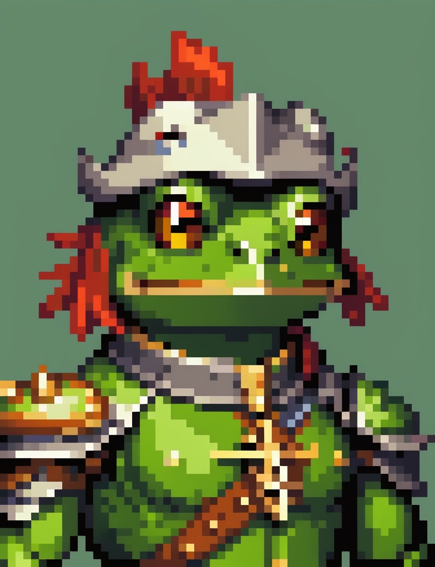 Head and shoulders portrait, anthropomorphic frog warrior ,  pixel art, PixArFK, ,Pixel Art