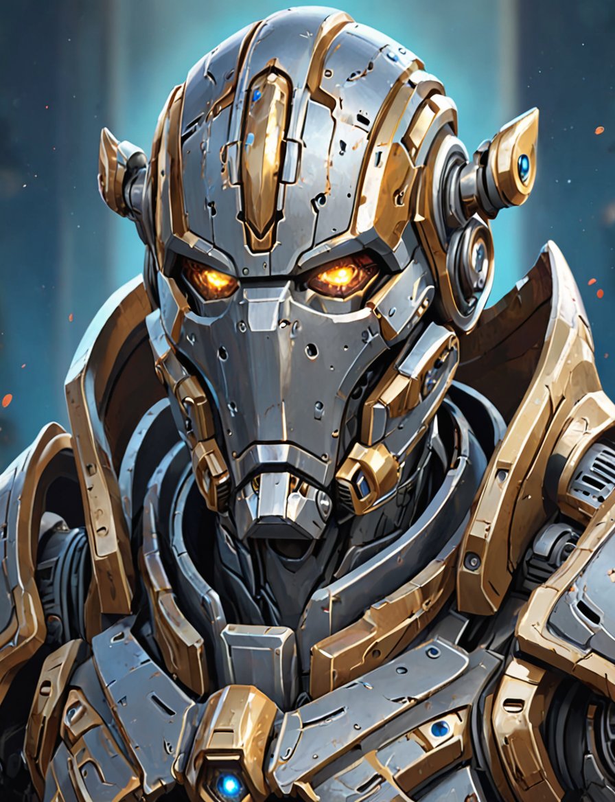 (head and shoulders portrait:1.2), a Warforged, sentient construct of gleaming metal and gears, is dressed in intricately detailed armor. Inspired by the art of Destiny 2 and the style of Guardians of the Galaxy,art_booster