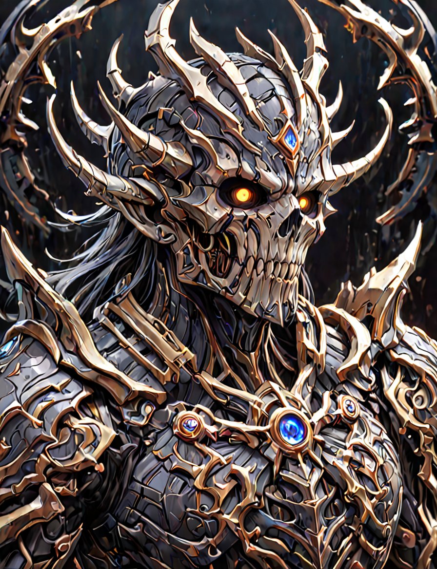 (head and shoulders portrait:1.2), a Warforged lich  , sentient construct of gleaming black metal and gears, is dressed in intricately detailed armor. dark background , Inspired by the art of Destiny 2 and the style of Guardians of the Galaxy,art_booster