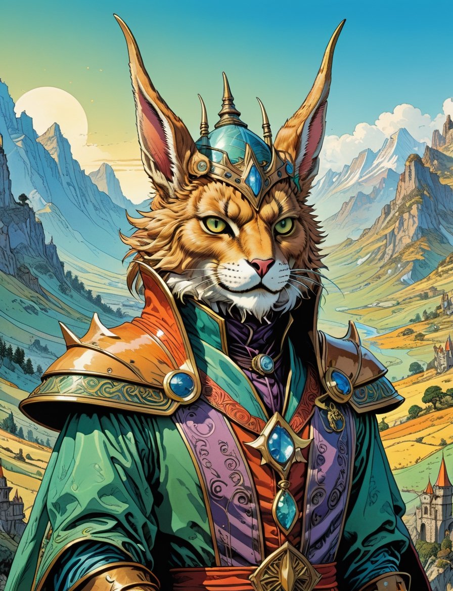 head and shoulders Portrait, fantasy anthropomorphic (high fantasy necromancer :3) (various cat breeds wolpertinger:2), wearing magical outfit ,  background fantasy landscape setting ,
highly detailed, art by Jean Giraud ((Moebius style)), line ink illustration,highly detailed,  ink sketch,ink Draw,Comic Book-Style 2d,2d, pastel colors