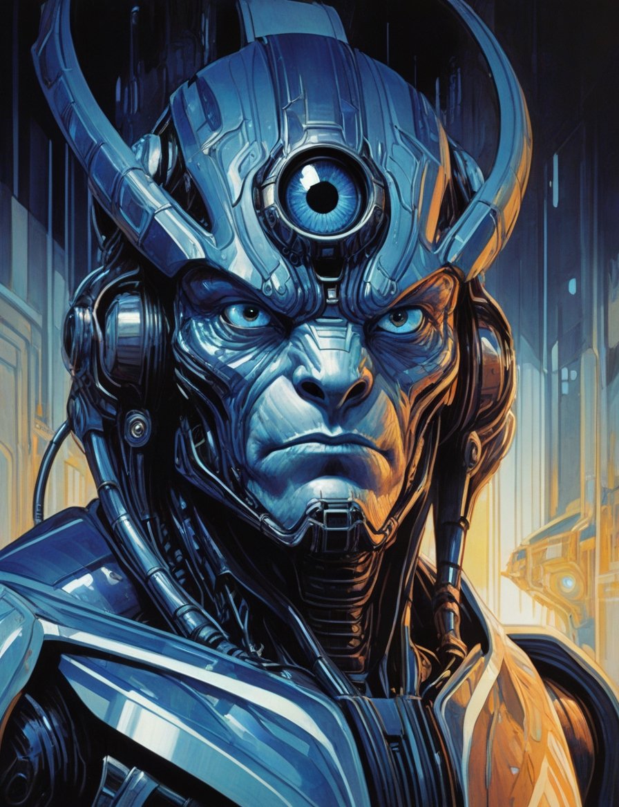 close up, head and shoulders portrait, male creature (several eyes:3) , glowing blue irises, engraved energy lines , (art by Syd Mead:1.8), ship interrior, solar punk, tangerine and teal color scheme, cold color palette, muted colors, detailed, 8k, art by h.r. giger