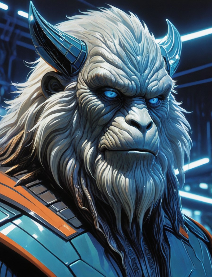 close up, head and shoulders portrait, male fuzzy yeti creature , glowing blue irises, engraved energy lines , (art by Syd Mead:1.8), ship interrior, solar punk, tangerine and teal color scheme, cold color palette, muted colors, detailed, 8k, art by h.r. giger