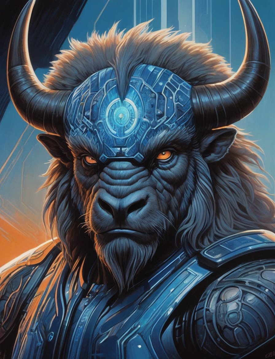 close up, head and shoulders portrait, male fuzzy bison creature warrior , glowing blue irises, engraved energy lines , (art by Syd Mead:1.8), ship interrior, solar punk, tangerine and teal color scheme, cold color palette, muted colors, detailed, 8k, art by h.r. giger