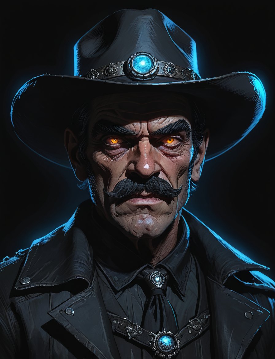 (head and shoulders portrait:1.2), Jack Elam as vampire cowboy , (wide handlebar mustache:1.3), cowboy hat , holographic glowing eyes, wearing power armor outfit , (outline sketch style:1.5), surreal fantasy, close-up view, chiaroscuro lighting, no frame, hard light,Expressiveh,concept art,dark theme