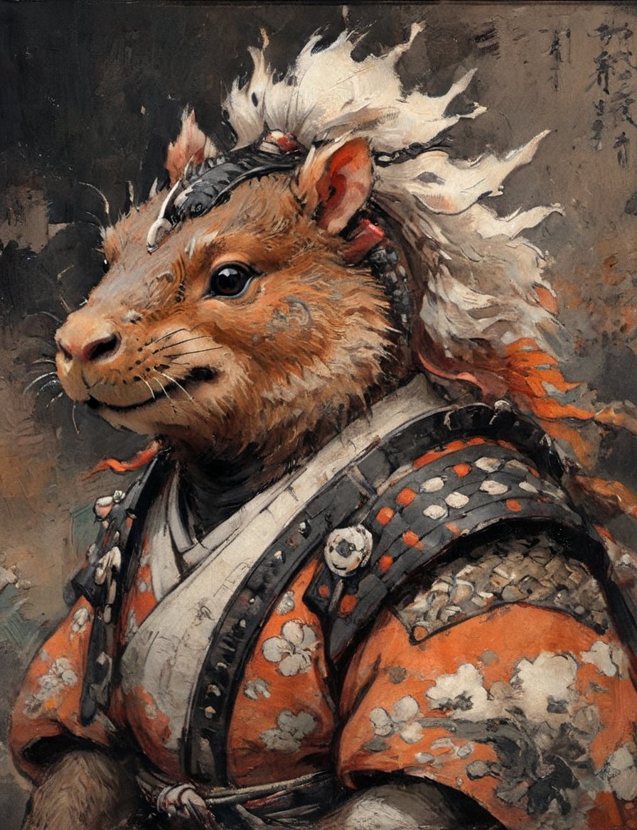 (close up, head and shoulders portrait:1.3), anthromorphic ( capybara :1.2) dragon, samurai , black samurai armor, brown, orange, white and black color scheme , (dark background:1.2), Disney pixar style,Ukiyo-e,ink,colorful,shogun