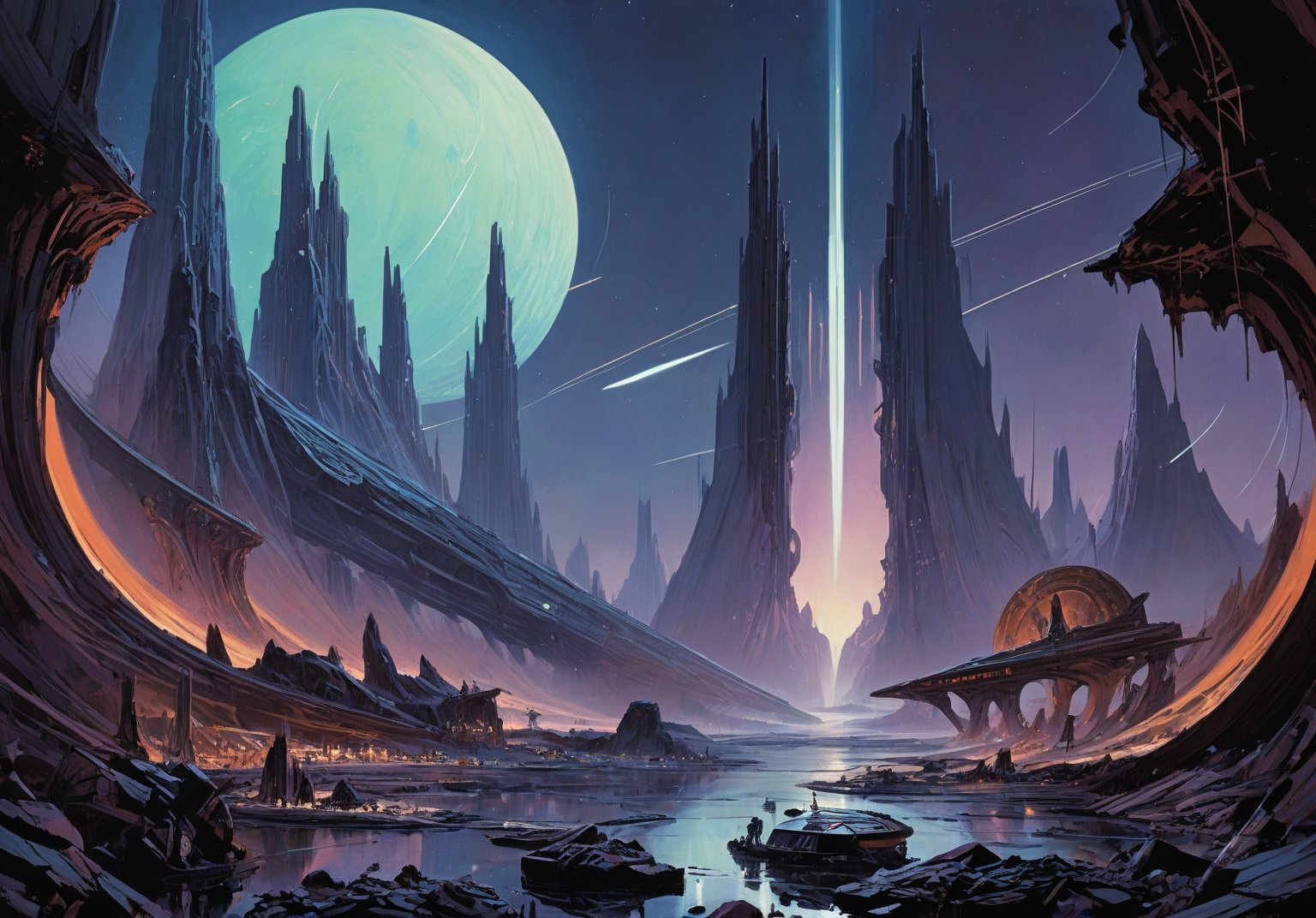 alien planet, dark night sky, (glowing energy lines:1.5), (art by Syd Mead:1.8) (art by John Berkey:2), above a circular arena, triangular geometric features, cracked stone, cobblestone, molten lava river, solar punk, teal plant life, violet stone, cold color palette, muted colors, detailed, 8k, art by h.r. giger