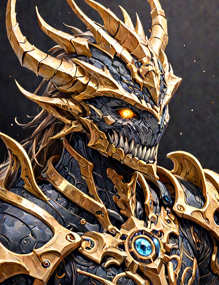 (head and shoulders portrait:1.2), a Warforged dragon  , sentient construct of gleaming gold and black metal and gears, is dressed in intricately detailed armor. dark background , Inspired by the art of Destiny 2 and the style of Guardians of the Galaxy,art_booster