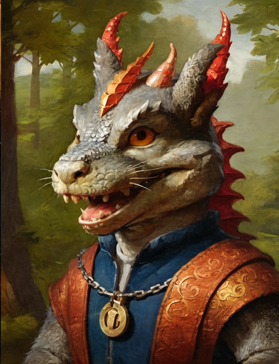 (close up, anthropomorphic medieval evil (squirrel:1) (dragon:1.4) head and shoulders oil portrait:4), by Moritz von Schwind , knight in a richly decorated medieval armor, bright colors,  medieval countryside background scene, countryside, castle , symmetrical features ,oil painting