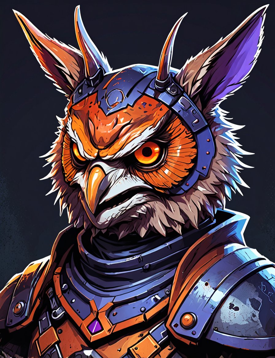 (close up, head and shoulders portrait:1.3), orange and red gradient , (anthromorphic owl toad wolf rabbit :1.6), rabbit ears, wearing blue and violet sci-fi polycarbonate armor, (strong outline sketch style:1.5), gritty fantasy, (darkest dungeon art style :1.4), dark muted background, detailed