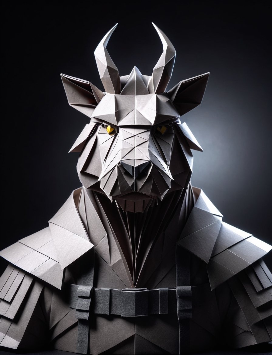 (head and shoulders portrait:2.5), (angry glaring villian paper hippo warrior :2), menacing expression, wearing paper armor , made out of folded paper, origami,  light and delicate tones, clear contours, cinematic quality, dark background, highly detailed, chiaroscuro, ral-orgmi