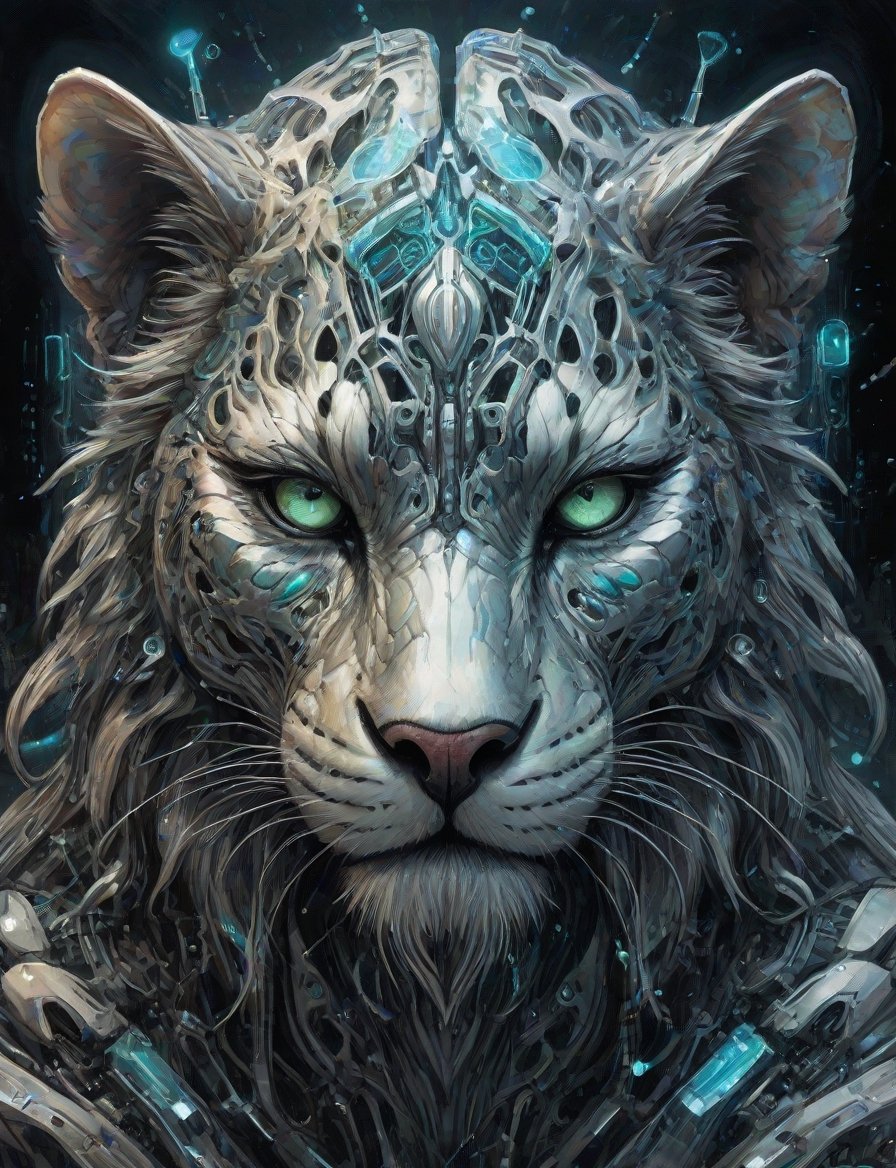 (head and shoulders portrait:1.4), (iridescent, translucent, and bioluminescent:1.2),(biomechanical symmetrical jaguar , manticore , cyborg ), shattered reality, plasma, crystal and silver entanglement, (2d:1.4), ink (medium), 2D illustration,  detailed  painting, epic comic book art, intricate and intense oil paint, dark sci-fi background, (art by James Gurney and John Berkey :1.4), symmetrical features, triadic color scheme, muted colors, detailed