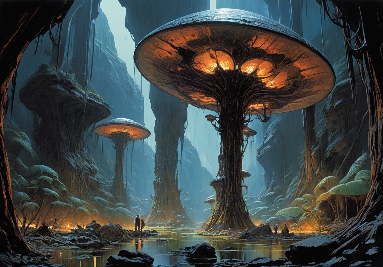 alien planet, alien night sky, (glowing energy lines:1.5), (art by Syd Mead:1.8) (art by John Berkey:2), cave interrior, giant glowing mushrooms, jungle, cracked stone, cobblestone, molten lava river, solar punk, triadic colors, muted colors, detailed, 8k, art by h.r. giger