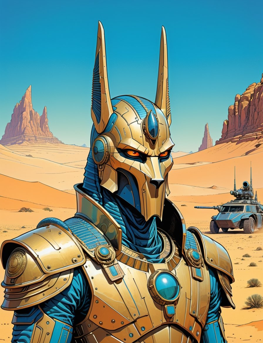 head and shoulders Portrait, sci-fi anthropomorphic anubis superhero , wearing power armor, background Desert,
highly detailed, art by Jean Giraud ((Moebius style)), line ink illustration,highly detailed,  ink sketch,ink Draw,Comic Book-Style 2d,2d, pastel colors