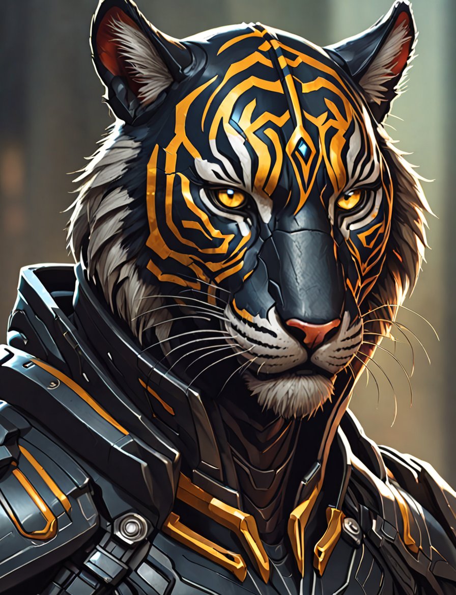 (head and shoulders portrait:1.2), Sci-Fi. (anthropomorphic tiger displacer beast:1.3), athletic build. hooded, wearing futuristic and highly cybernetic black armor. Inspired by the art of Destiny 2 and the style of Guardians of the Galaxy