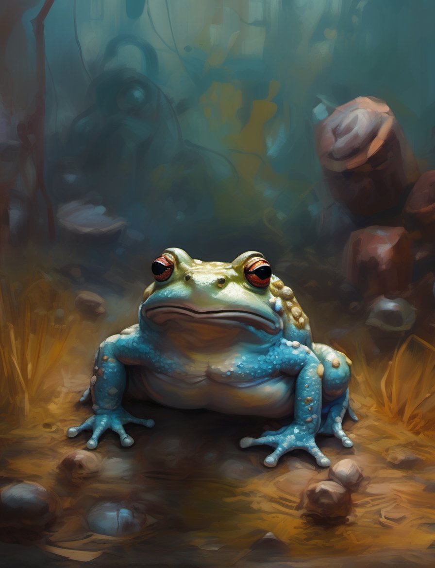 (close up, head and shoulders portrait:1.3), (anthromorphic toad:1.6), "The overall effect is a blend of impressionism and abstraction, creating a rich, immersive setting that complements the selective focus on the alien princess in the foreground. The scene should feature a realist selective focus on main subject. In contrast, the background should transition into an abstract, painterly environment. The atmosphere should be hazy and diffuse, contributing to an ethereal and somewhat dystopian feel. Indistinct forms and shapes in the background should suggest a throne room or audience chamber, possibly people, rendered in a loose, impressionistic style to emphasize mood and atmosphere over detailed realism. The colors in the background include shades of rich, vibrant hues with dramatic contrasts, featuring deep, earthy tones and vivid highlights, blending seamlessly with cooler hues like blues and greys. Use muted accents like rusty orange-yellows, and rusty teals to highlight tiny areas and add visual interest. Use this blend of subdued and bold colors to emphasize the gritty nature of the scene."