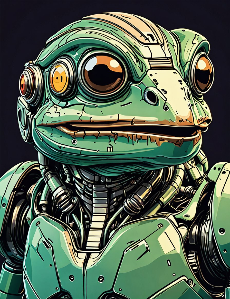 (close up, head and shoulders portrait:1.5), An extremely detailed (1970s retro-future:1.2) anthropomorphic eagle frog robot, centered, (strong outline sketch style:1.3), dark background, muted colors, detailed, comic book